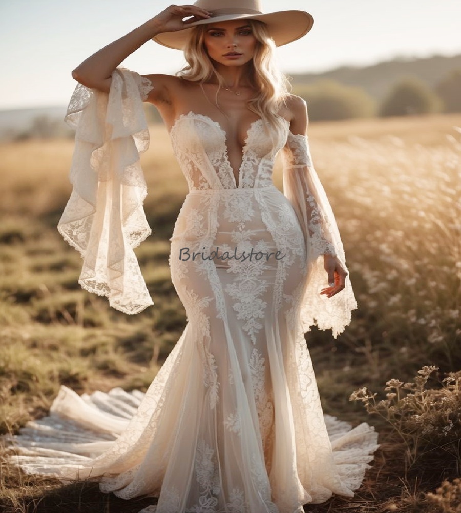 Rustic Country Bohemian Wedding Dress 2026 Flare Sleeve Lace Boho Mermaid Bridal Dress Elegant Gatsby Celtic Bride Dress Viking Vestidos De Novia Hipp