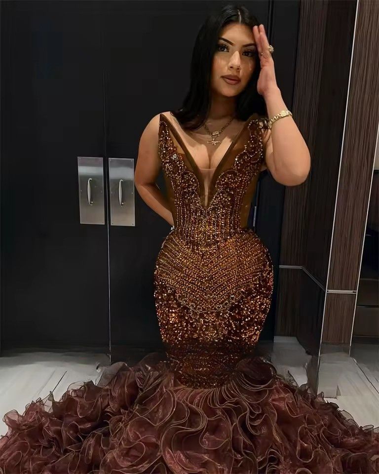 Brown Sequins Mermaid Prom Dresses 2026 Sexy V Neck Plus Size Formal Evening Ocn Gowns For African Women D21