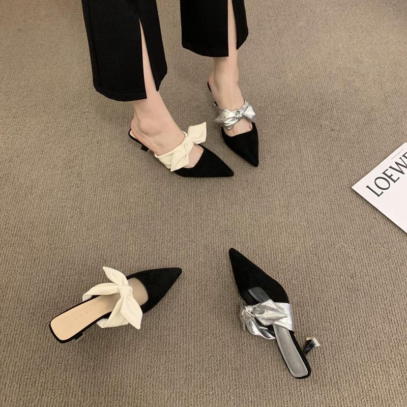 new designer shoes free shipping luxury Gentle shallow mouth low heel bow pointed bow cat heel sandals female