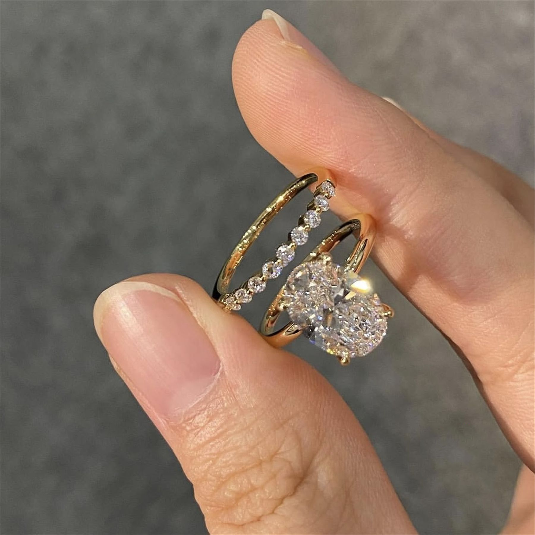 Custom Elegant Style 14k Solid Gold IGI Certificates Bridal Jewelry 3Ct CVD Lab Grown Diamond Oval Engagement Band Ring Set