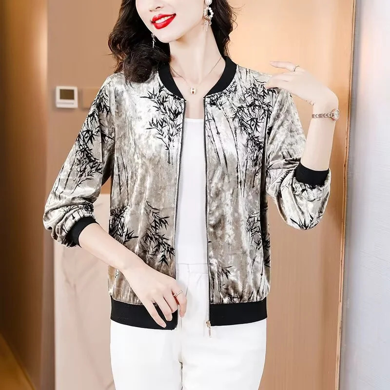 Plush Gold Velvet Baseball Jacket For Women In Spring Autumn And Winter 2025 Vintage Print Beaded Embroidery Loose Short Jacket 251219