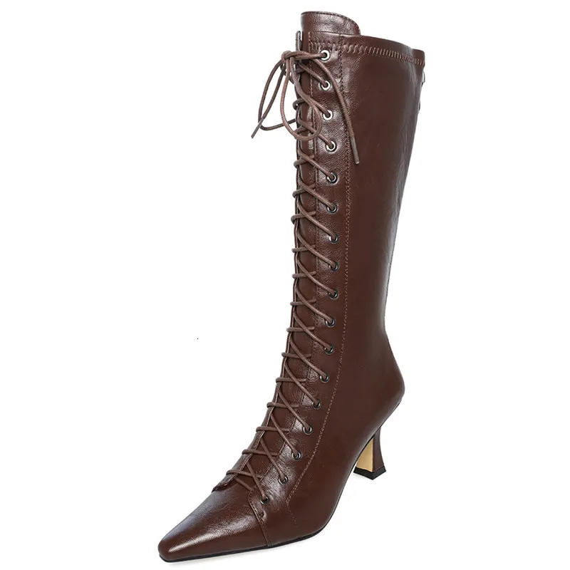 Fashionable And Sexy High-Heeled Pointed Lace Up Elastic Boots Slim Boots Leg Hugging Boots Back Zipper Lace Up Knee High Boots 251217