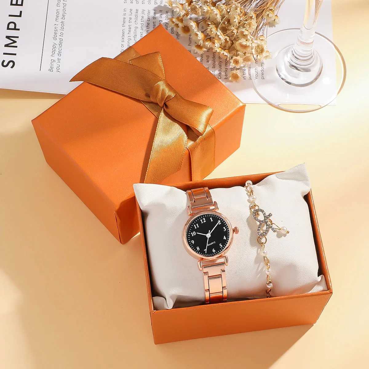 Fashionable and light luxury round dial steel band wens quartz set with diamond pearl 2 pieces suitable for d M251222