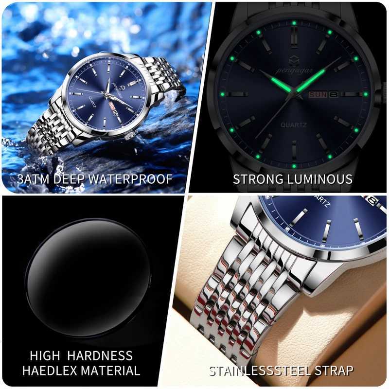 PENGAGAR Fashion Busin Man Waterproof Luminous Date Stainl Steel Men Quartz Luxury Round Mens es Reloj M251222