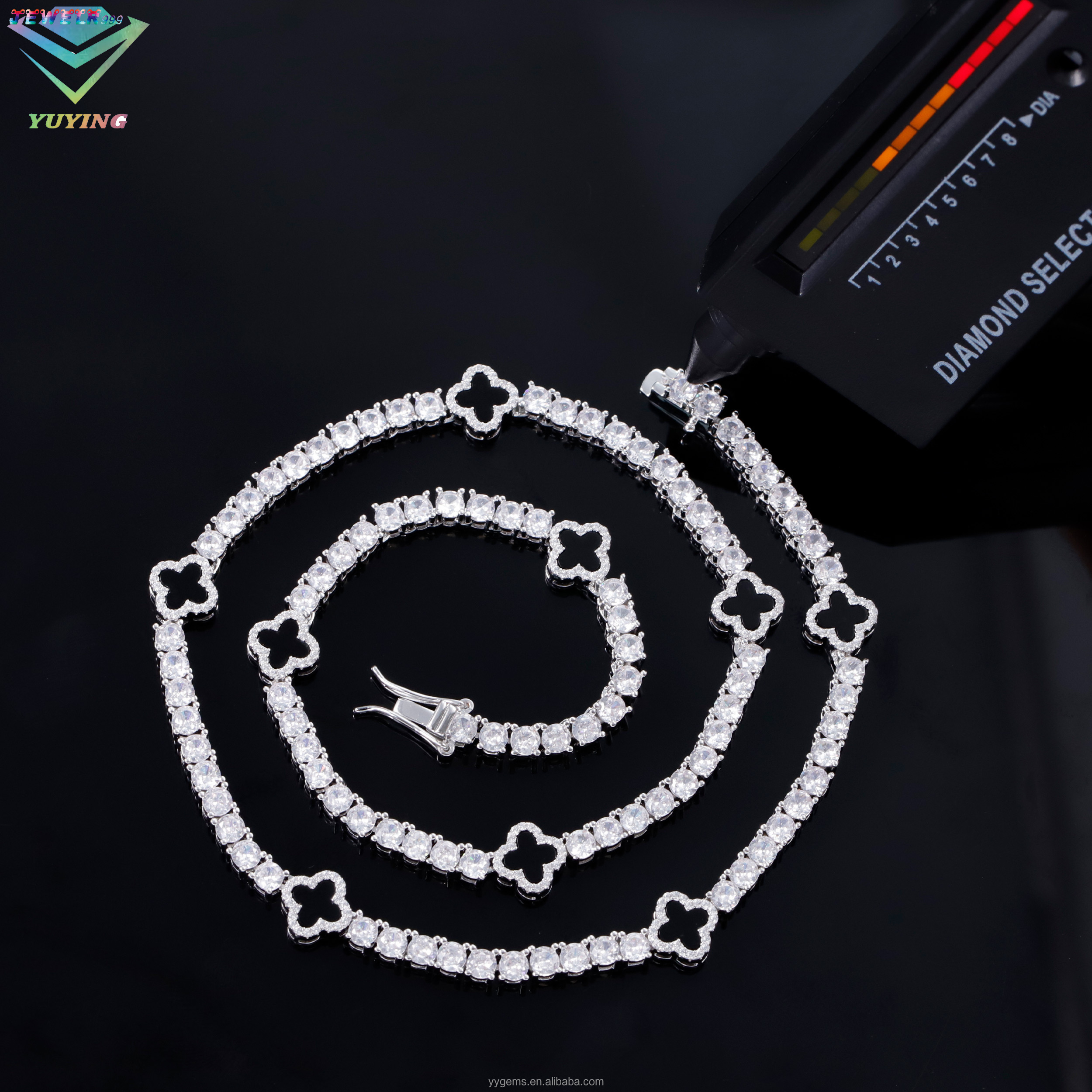 Iced Out 3mm 4mm 5mm 925 Silver Moissanite Diamond Tennis Necklace Clover Flower Design Chain Jewelry for Men and Women