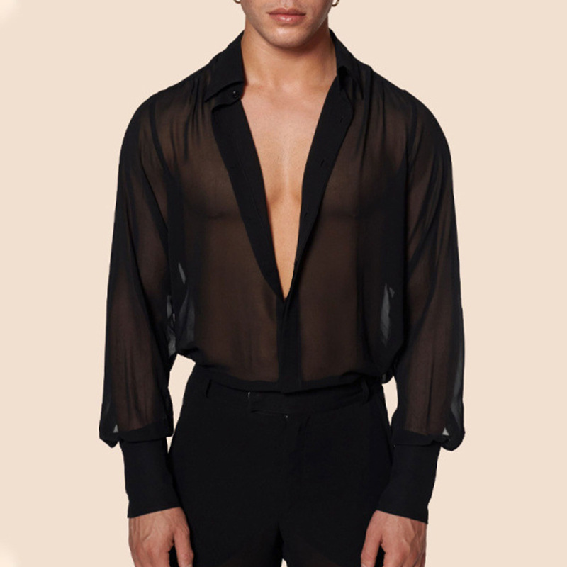Stage Wear Men's Sexy Ultrathin Mesh Sheer T-Shirt, Sexy V-neck Long Sleeve Lapel Single-breasted Party Layering Top, Hollow-out See-through Ling