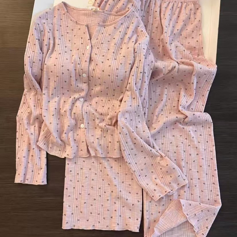 Sweet Girl Small Floral Cotton Gauze Pink Pajamas for Women Autumn New Casual Home Wear with Chest Pads Two-Piece Set Trendy 231113