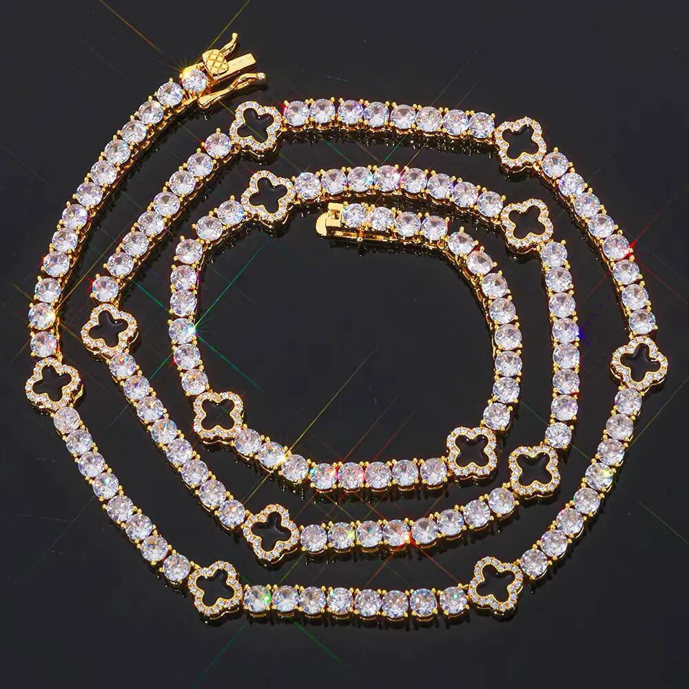 Iced Out 3mm 4mm 5mm 925 Silver Moissanite Diamond Tennis Necklace Clover Flower Design Chain Jewelry for Men and Women