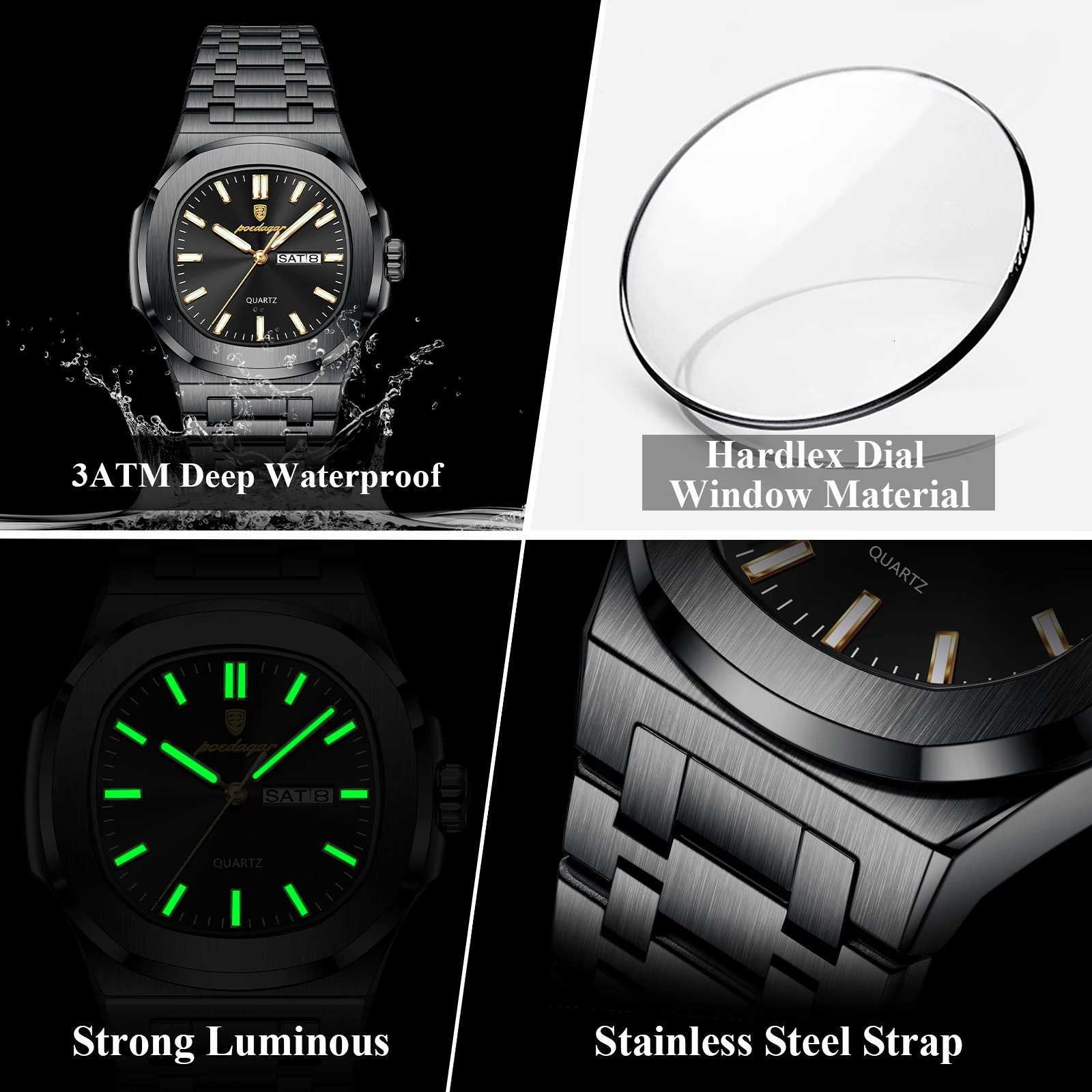 POEDAGAR Luxury Square Mens es Waterproof Luminous Date Week Men Stainl Steel Fashion Quartz Man Wrist Reloj M251222