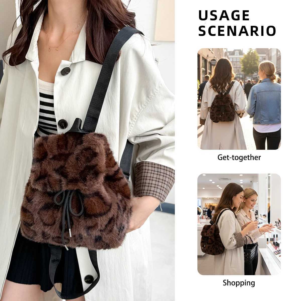 Korean Style Cute Leopard Print Faux Fur Backpack New Autumn and Winter Casual Furry Bag Plush Small Backpack for Commuting to WorkM251222