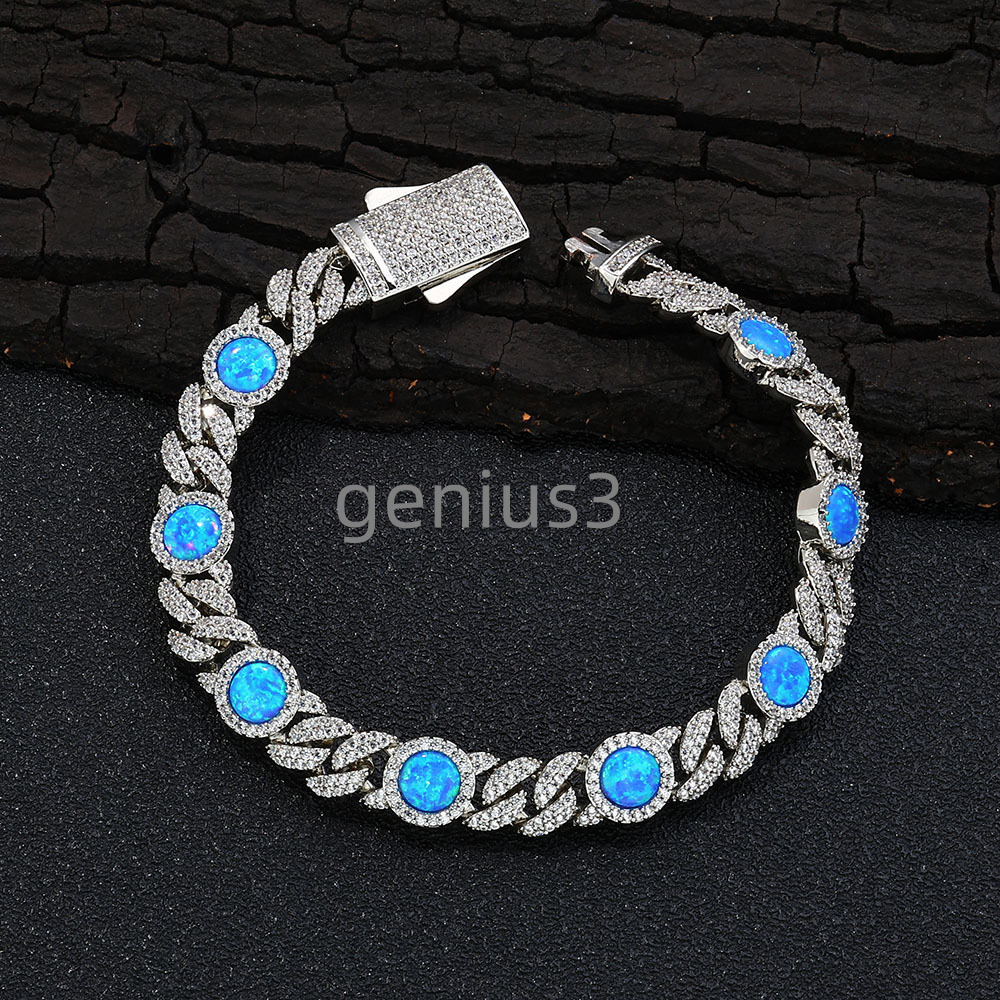 New Style 8mm 18K Gold Plated Cuban Chain Bracelet Round Blue Opal Customized Size Cuban Chain Hip Hop Jewelry for Women