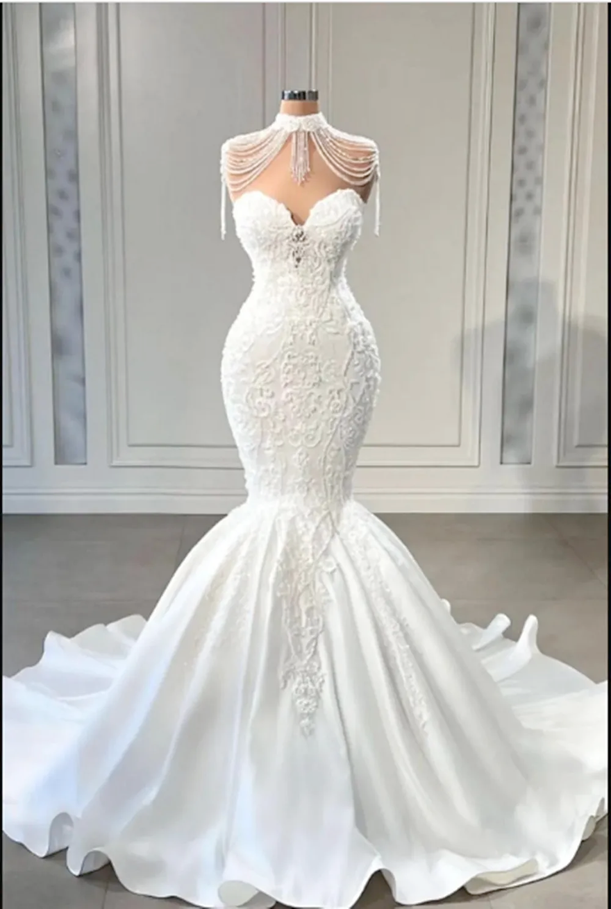 Vintage High Neck Mermaid Wedding Dresses Appliqued Lace Sweetheart Bride Gowns vestidos de novia robe BC2730