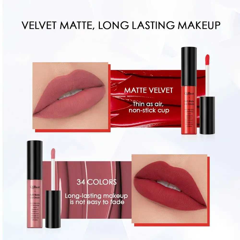 QIBEST Matte Lip Gloss Lip Makeup 34 Colors Velet Nude Waterproof Lipgloss Matte Lipstick Liquid Lipstick Long lasting Lip TintT251222