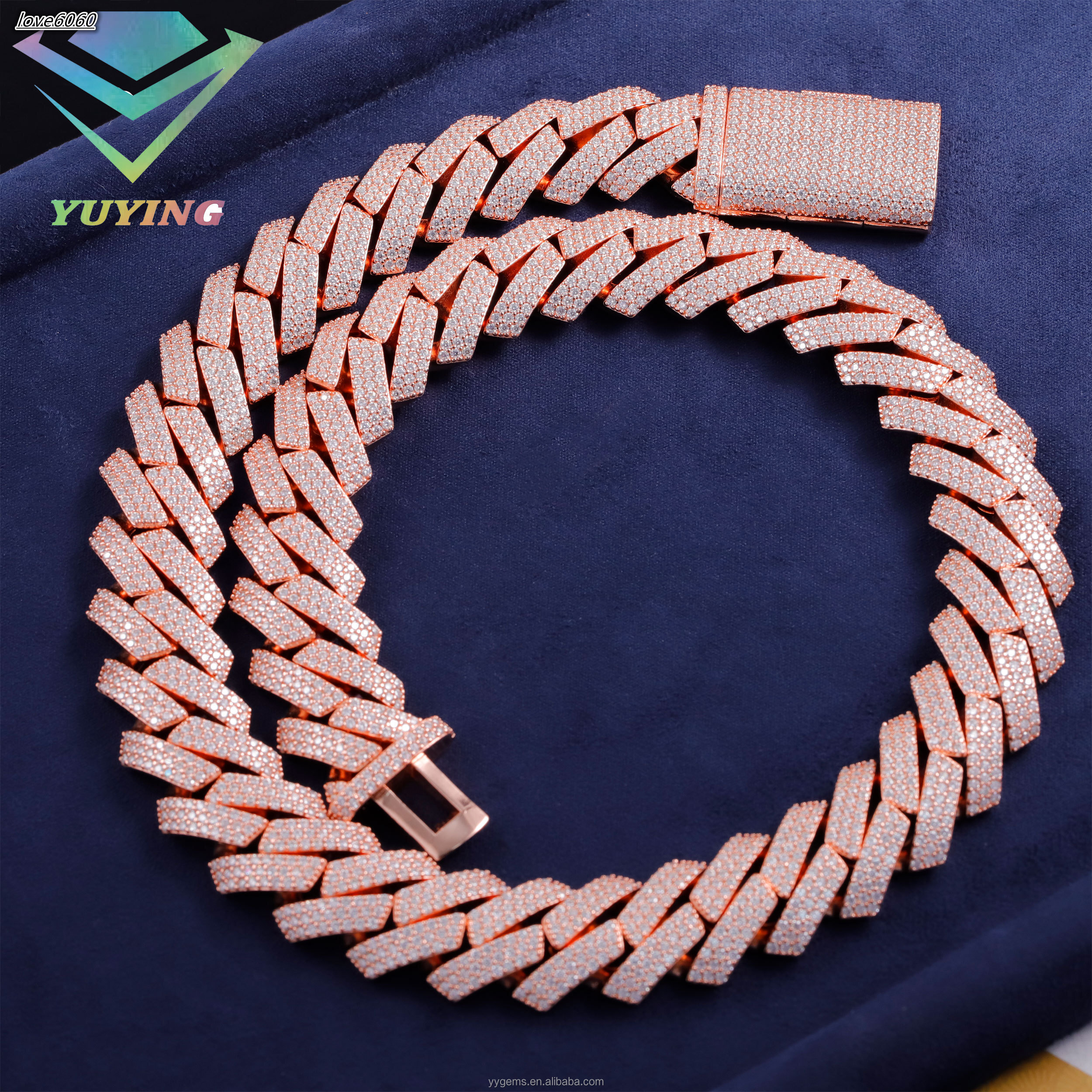 Hip Hop Rose Gold 20m 3Rows VVS Moissanite Diamonds S925 Sterling Silver Miami Cuban Chain Moissanite with GRA Certificate