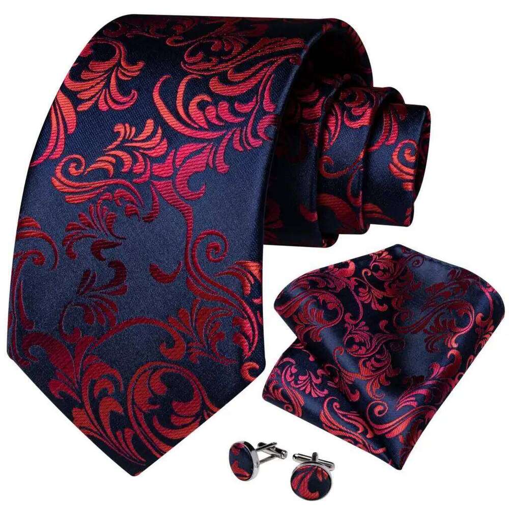 Luxury Red Floral Blue Silk Ties For Men 8cm Wide Necktie Set Pocket Square Cufflinks Brooch Pin Wedding Accessories Men's Gift 25H1222