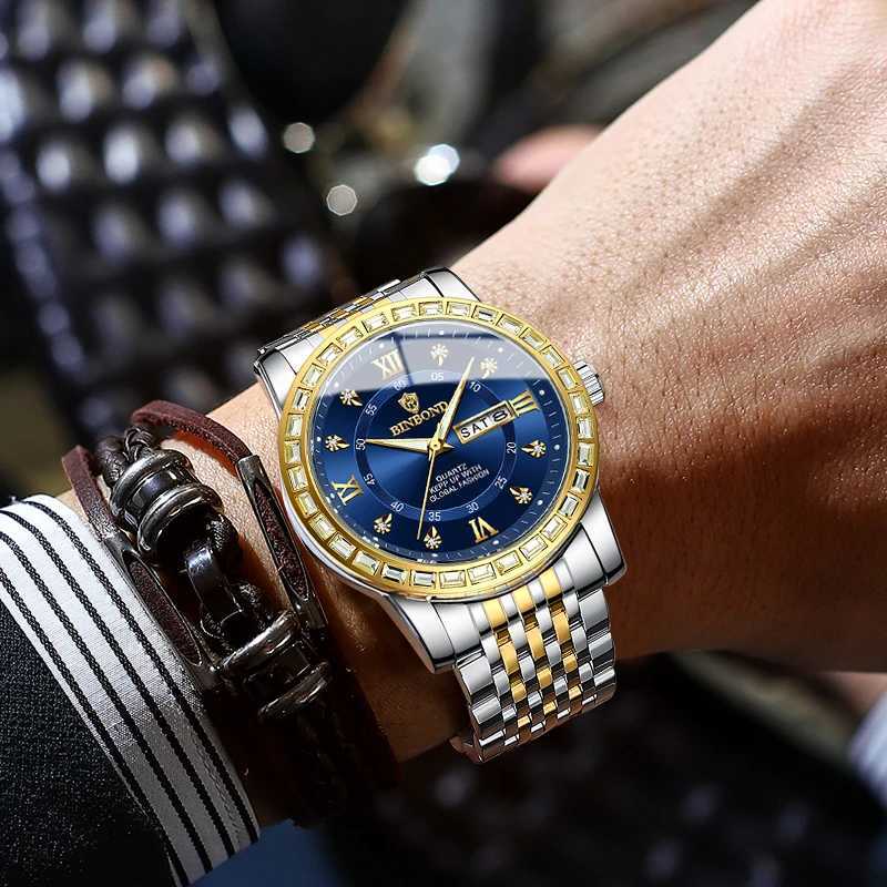 BINBOND Men Tren Busin Diamond inlaid Chinese English Dual Cndar Waterproof Luminous M Fashion Quartz es M251222