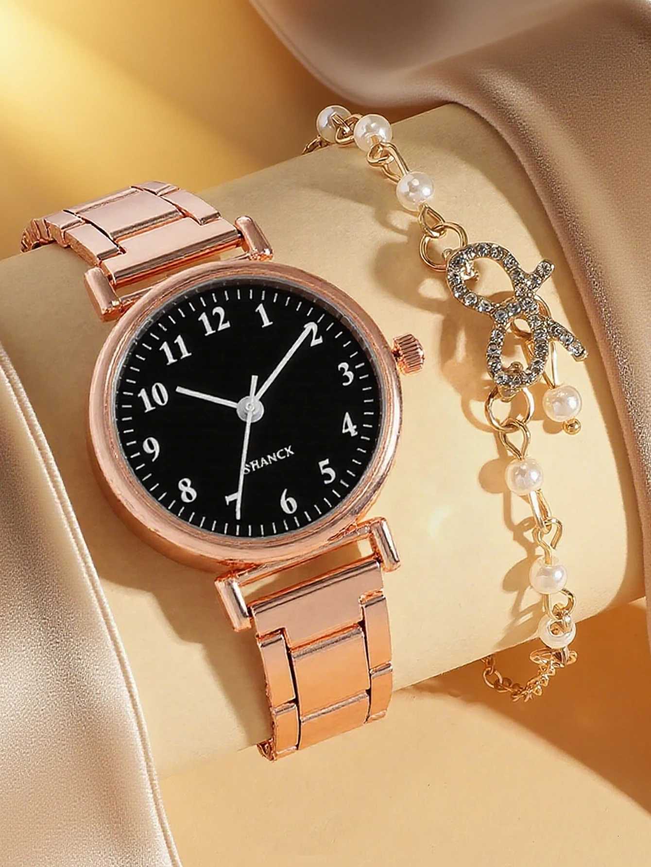 Fashionable and light luxury round dial steel band wens quartz set with diamond pearl 2 pieces suitable for d M251222