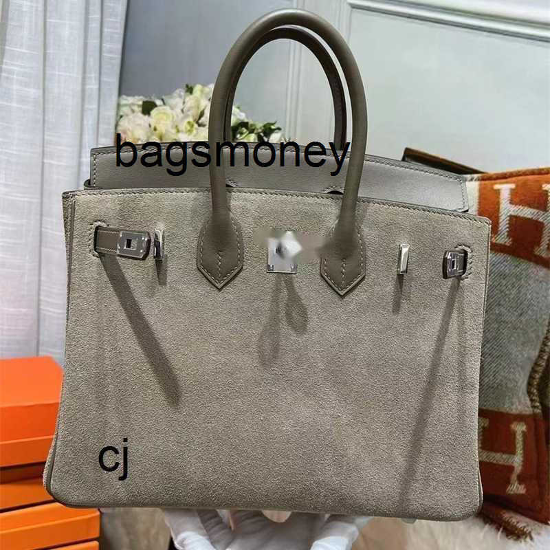 Designer Handbag Tote Platinum Suede Ladies Bag Hand Sew Wax Thread Handbag Elephant Gray with Silver Hardware 25cm Qtcjgoods