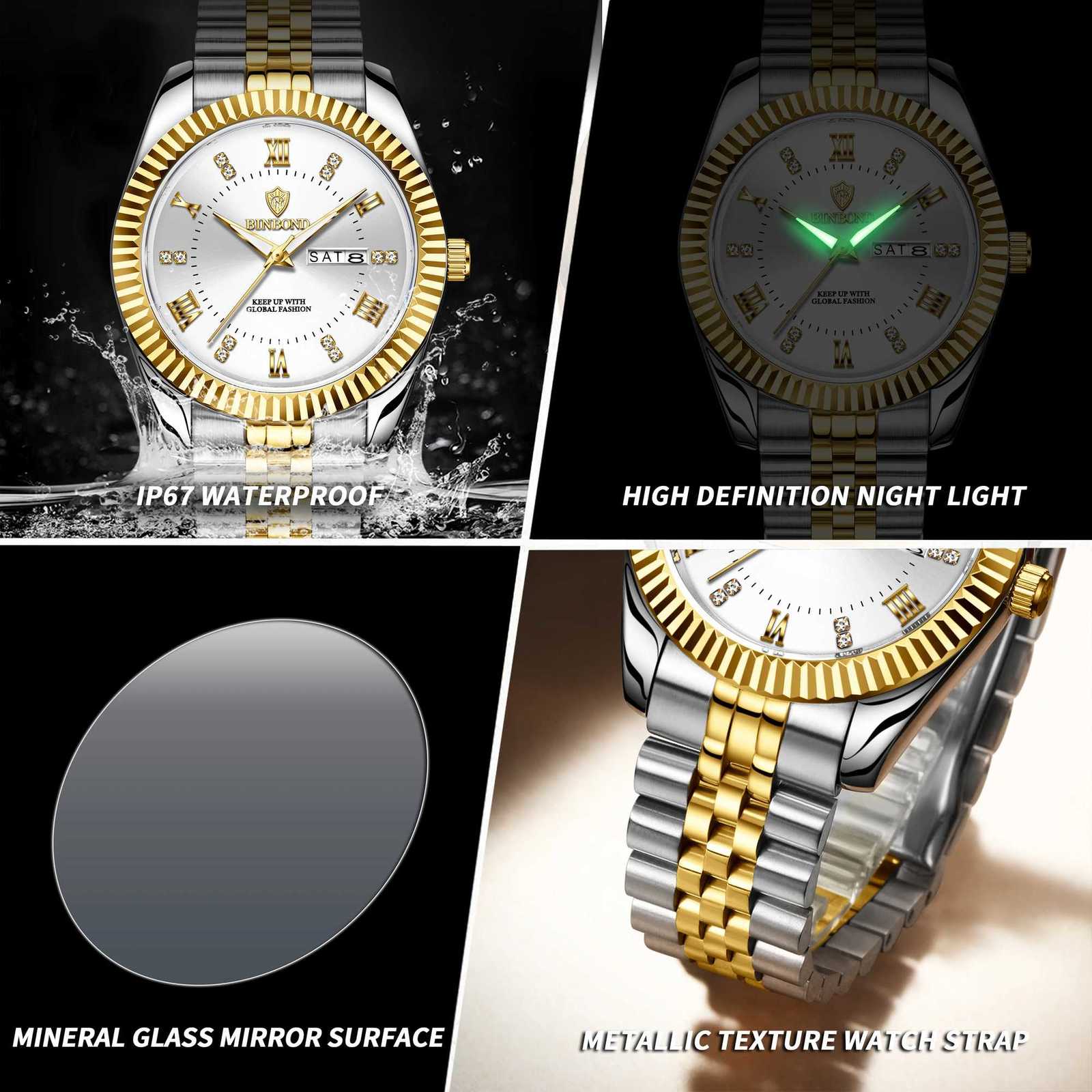 BINBOND Brand Mens Busin Sports Quartz Classic Waterproof Luminous Cndar Creative Clock M Personali Wrist M251222