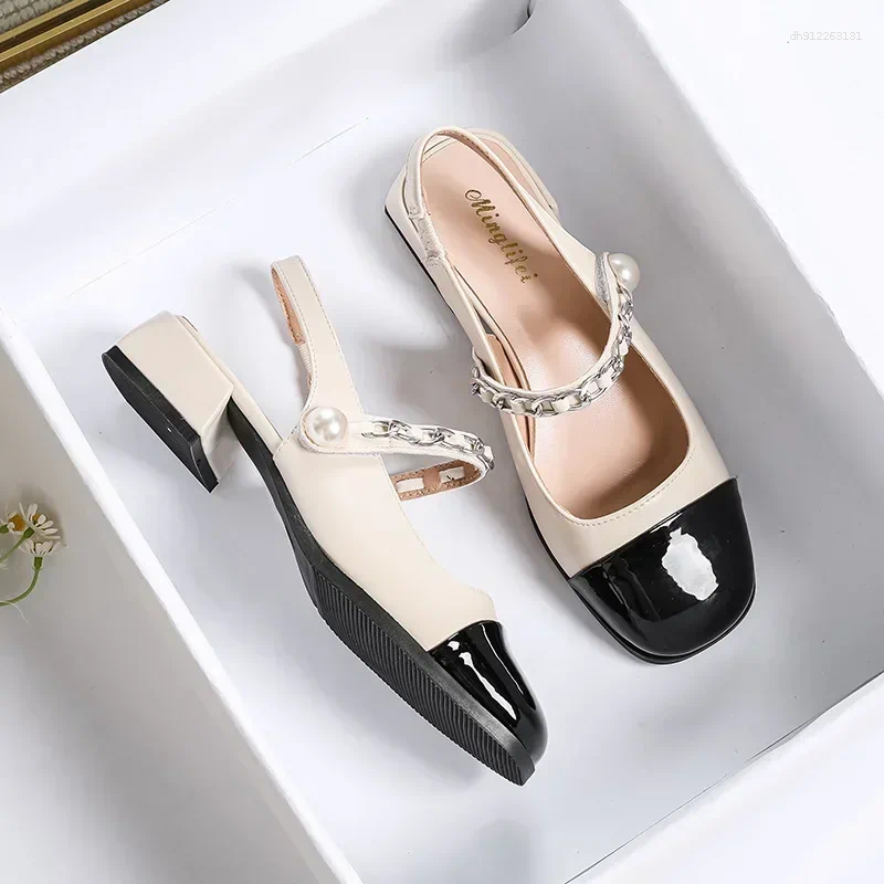 Dress Shoes 2025 Single Women's High Heels Round Head Vintage Mary Jane Chunky Heel Hepburn Pearl