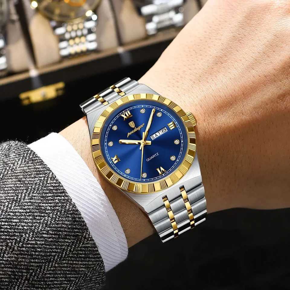 POEDAGAR Luxury Man Luminous Waterproof Week Date Men Wrist Stainl Steel Mens Quartz es M251222