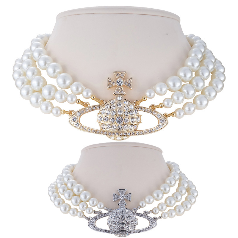 Luxury Brand Designer Jewelry Inlaid Diamond Saturn Pearl Three-Layer Necklace Baroque Style Vintage Choker Niche Design Fashion Jewelry For Women