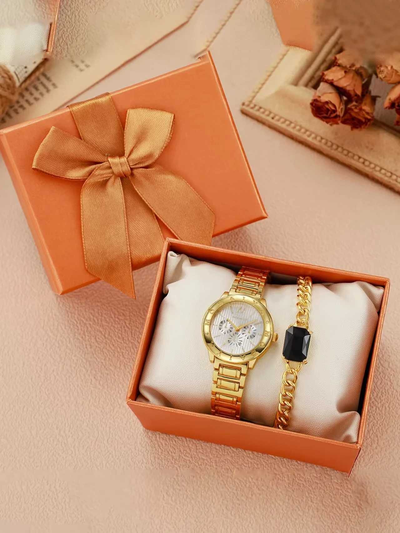 Fashion Light Luxury Tren Round Dial Alloy Str Wen Quartz Gemstone Set of 2 for Christmas and Thanksgiving M251222