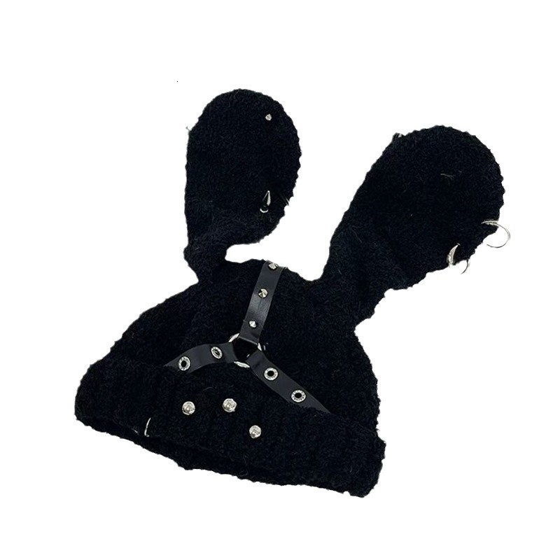 Rabbit Ears Autumn Winter Rivet Leather Buckle Round Ring Black Knitted Wool Hat Subculture Y2K Punk Hat