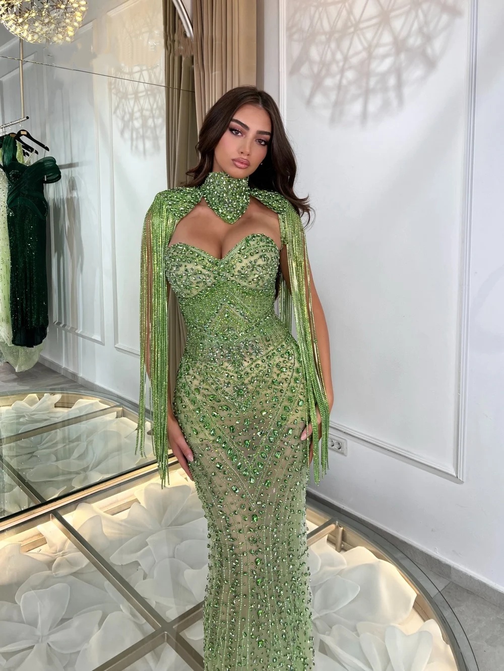 Luxury Evening Dresses Strapless Crystal Prom Dress Cape Beaded Illusion Tassel Customized Mermaid Party Gowns Vestidos De Noche Plus Size