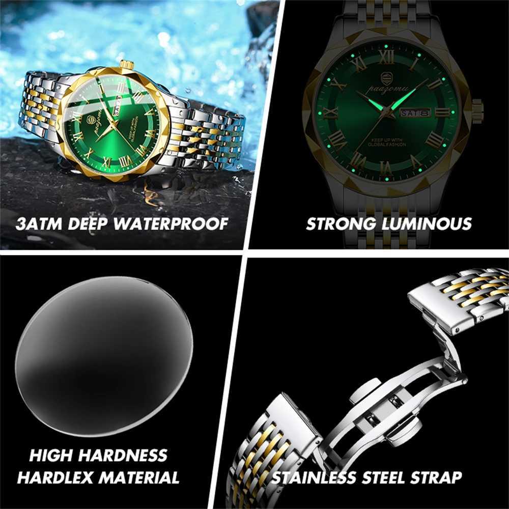PAAZU Men High Quality Clock Waterproof Luminous Date Luxury Man Stainl Steel Quartz Mens es MBox M251222