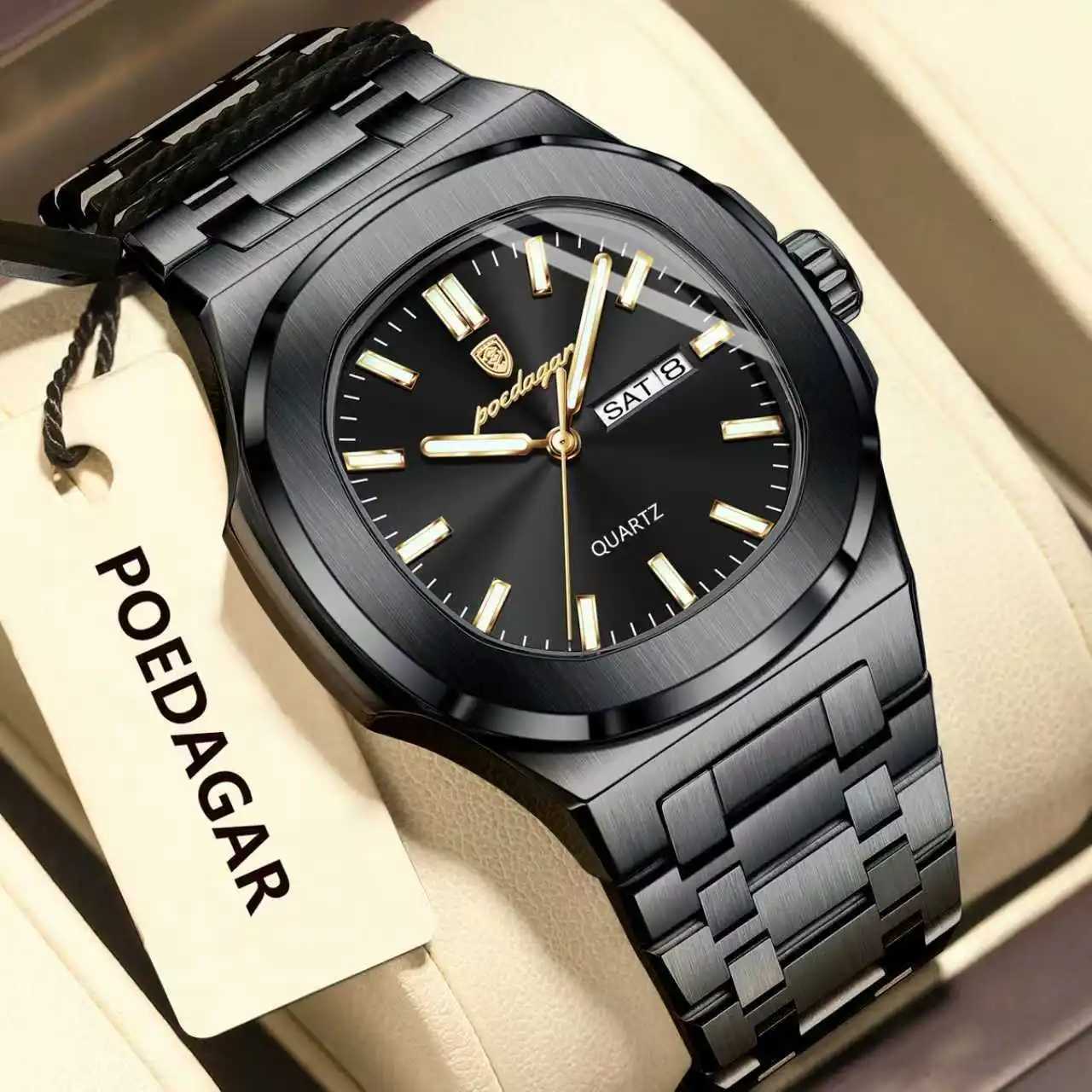 POEDAGAR Luxury Square Mens es Waterproof Luminous Date Week Men Stainl Steel Fashion Quartz Man Wrist Reloj M251222