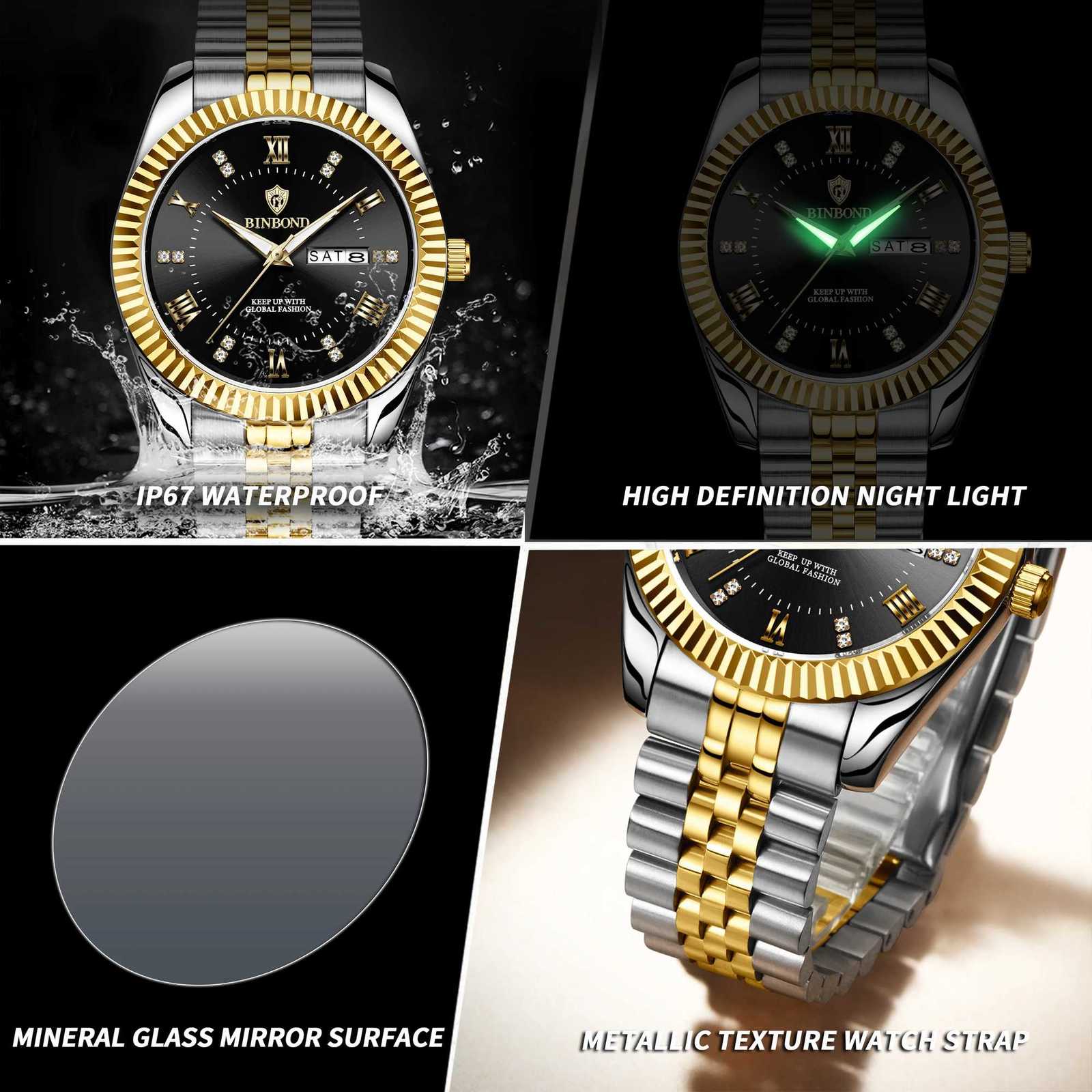 BINBOND Luxury Brand Man Waterproof Luminous Date Week Mens Quartz Wrist Stainl Steel Fashion Sports Men es M251222