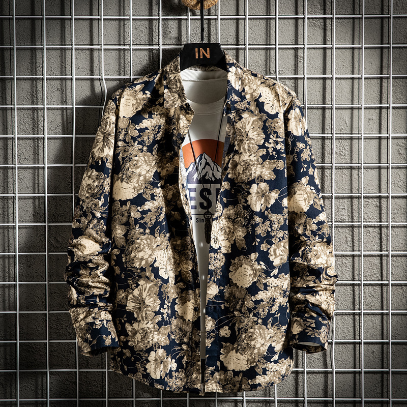 2023 Mens Long Sleeve Printed Shirt Spring Summer New Fashion Square Collar Shirt Youth Casual Floral Shirt Trendy