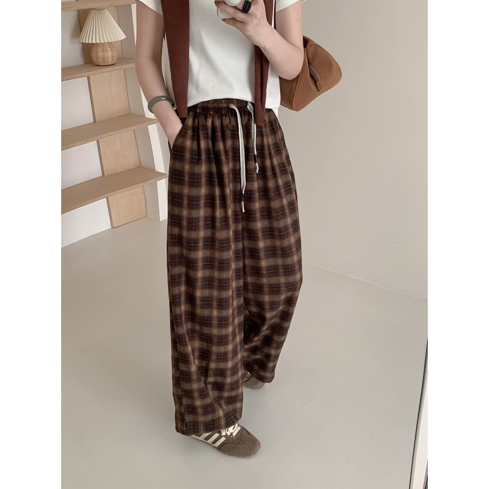 Lazy Style Brushed Plaid Casual Pants for Women Autumn WideLeg Pants Loose HighWaist FloorLength Pants ZMC1 241017