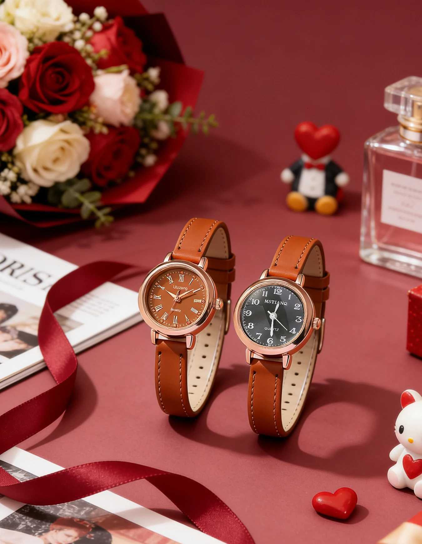 Wens Quartz Set of Two Rose Gold Case Brown Leather Str Dual-Style Dials Fashionable Ladies es M251222