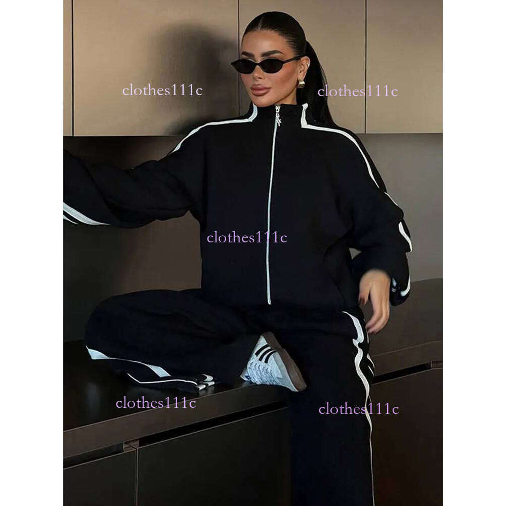 Stripe Contrasted Sweatshirt Pant Set Women Casual Stand Collar Full Sleeve Zippers Sport Coat Wide Leg Trousers 2 Piece Sets