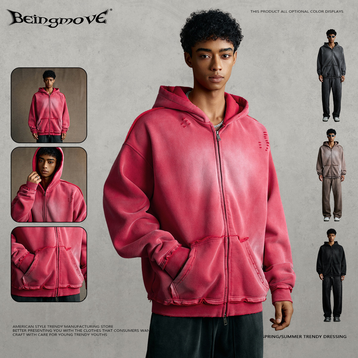 Street Style 2025 Autumn American Style Spray Paint Distressed Hoodie Sweatshirt Zipper Hooded Cardigan Jacket for Men