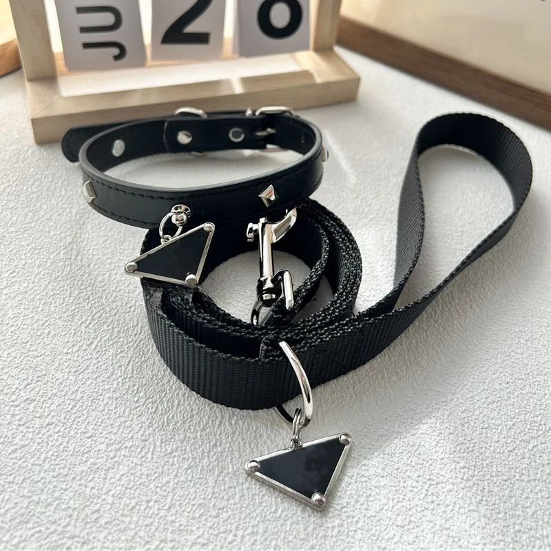 Cute luxury leather pet collar and leash set with classic triangular metal charm, suitable for dogs and cats.