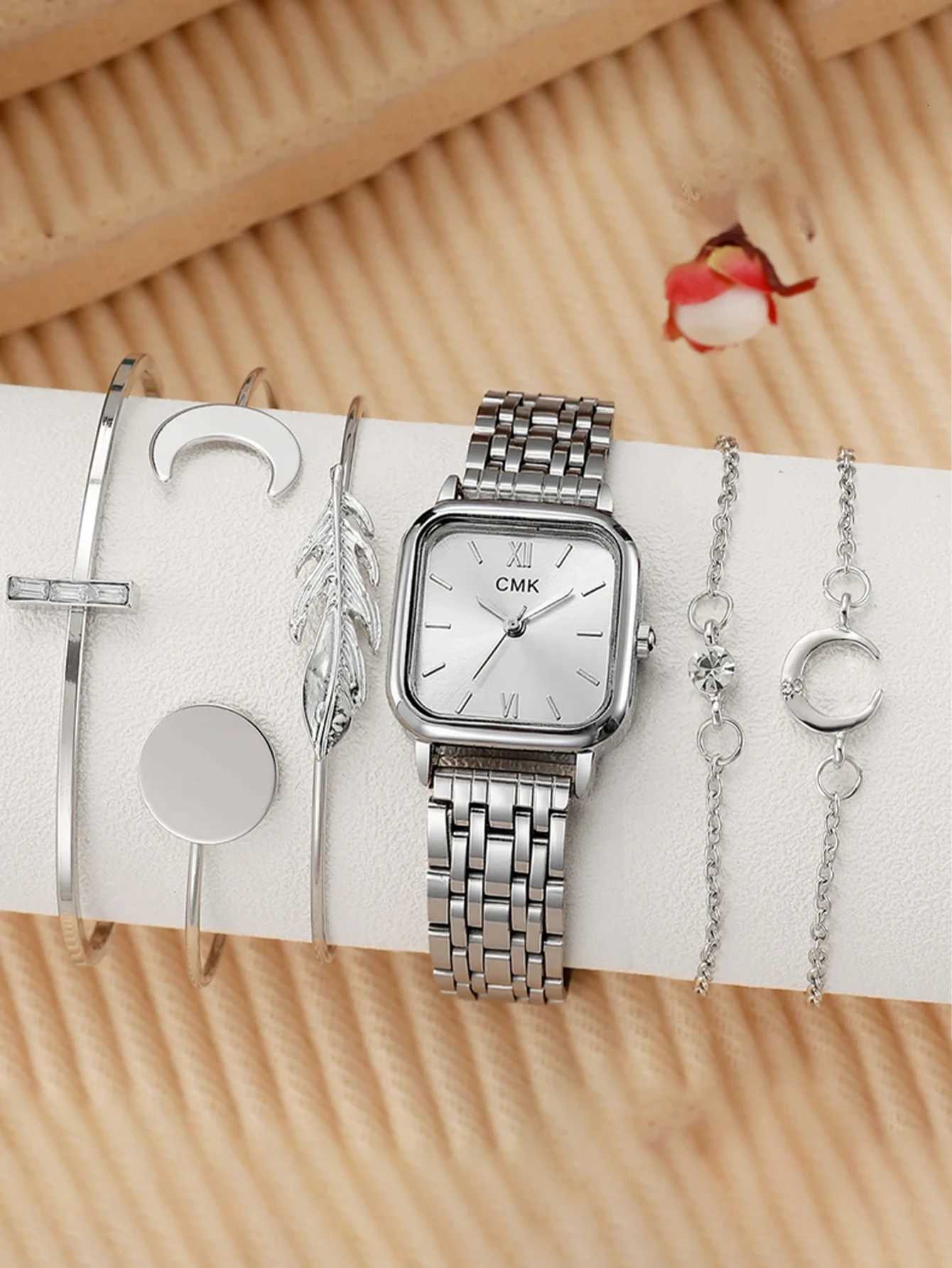 Fashion Light Luxury Square Dial Alloy Str Wens Quartz Set of 6 Suitable for Thanksgiving and Christmas Gif M251222