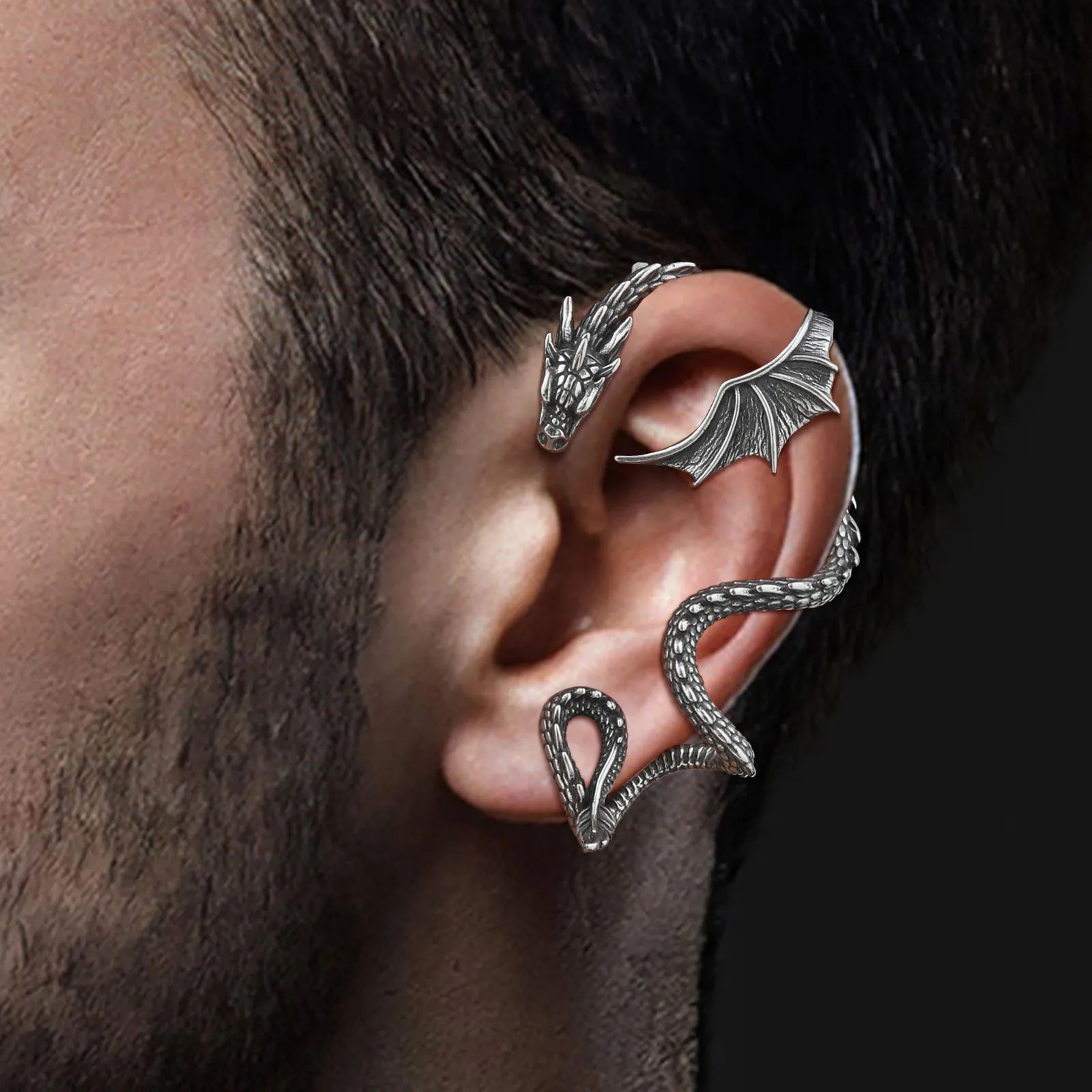 Vnox Punk Mens Wing Wrap Earrings Vintage Stainless Steel Feather Earring ClipsGothic Animal Snake Dragon Valkyrie Ear Cuff 251219