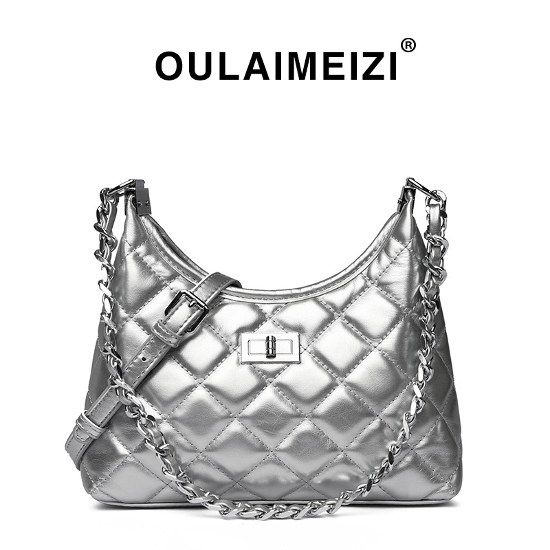 OULAIMEIZI designer bag 2025 new classic versatile casual tote bag with diamond grid chain, fashionable and trendy cross body bag for women