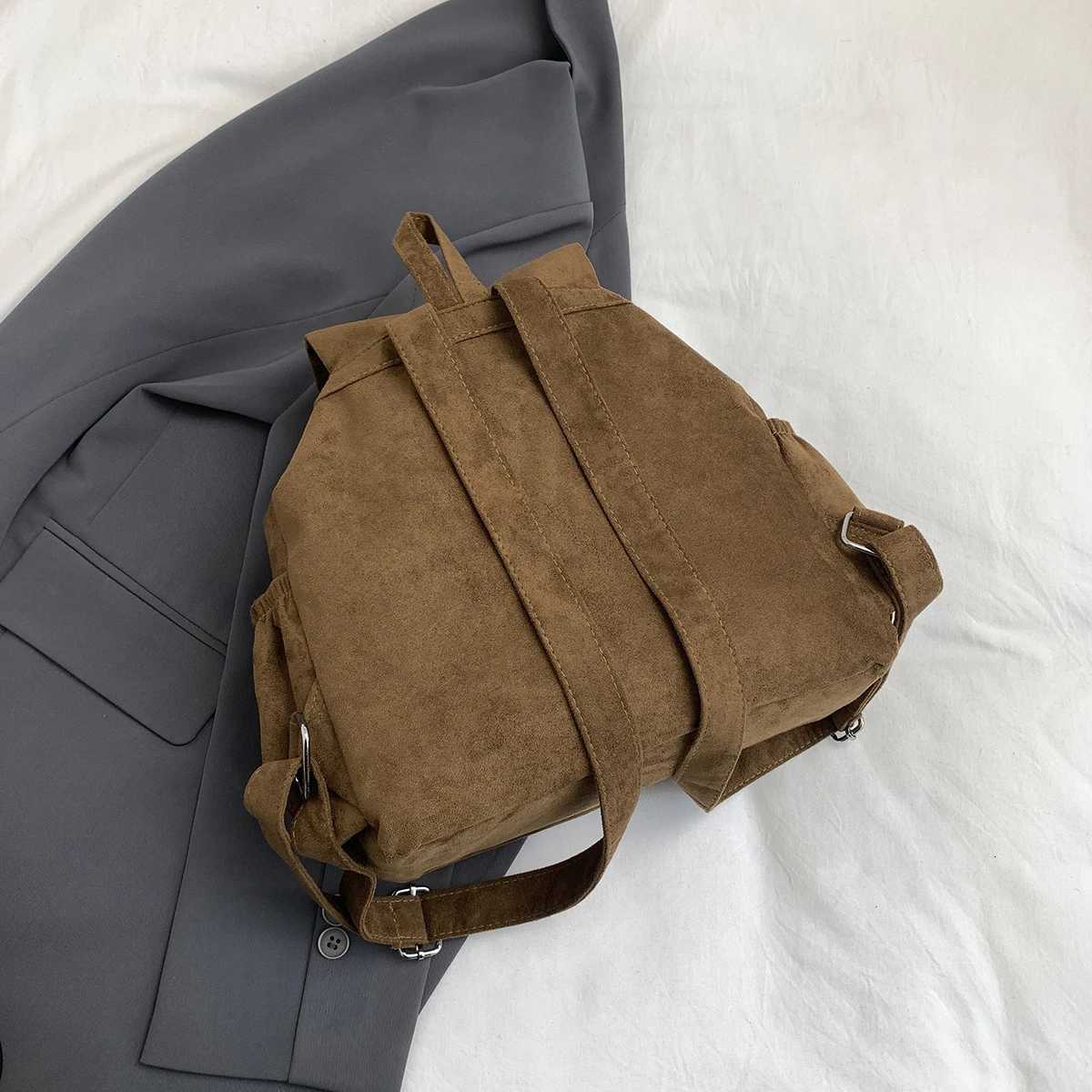 iche Suede Korean-Style Drawstring Backpack Lightweight Double-Pocket Simple Suede Womens Backpack Hiking Bag for Trekking Shopping Outings and WorkM2