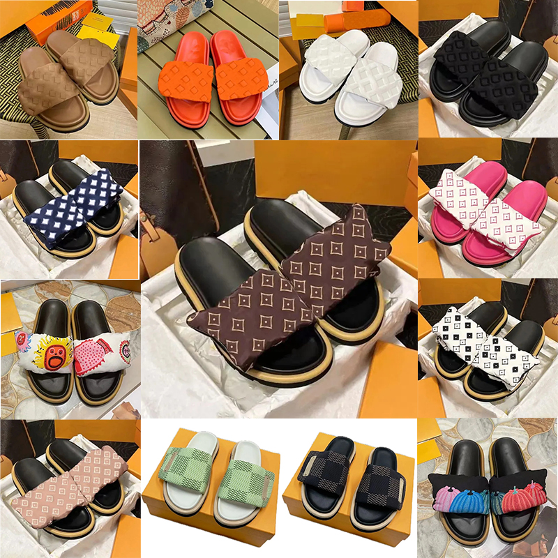 Sliders Designer Slippers Women Pool Pillow Flat Comfort Mules Slides Classic Prints Embossed Summer Black Grey Beach Sandals EUR 35-45