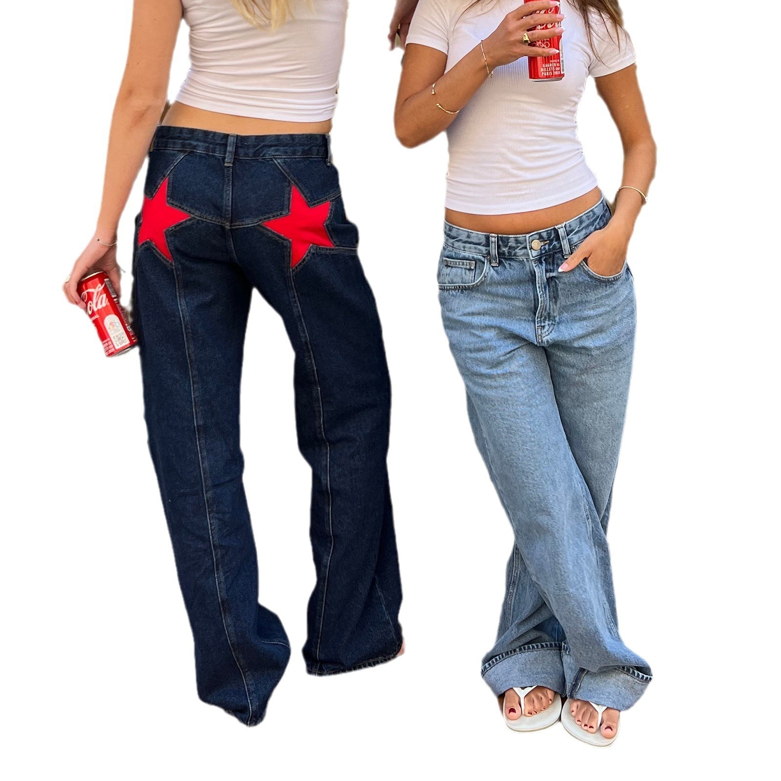 American Retro 2025 High Street Block Star Low Waist Embroidered Loose Straight Pants Trendy Street Hiphop Washing Jeans Women 250922