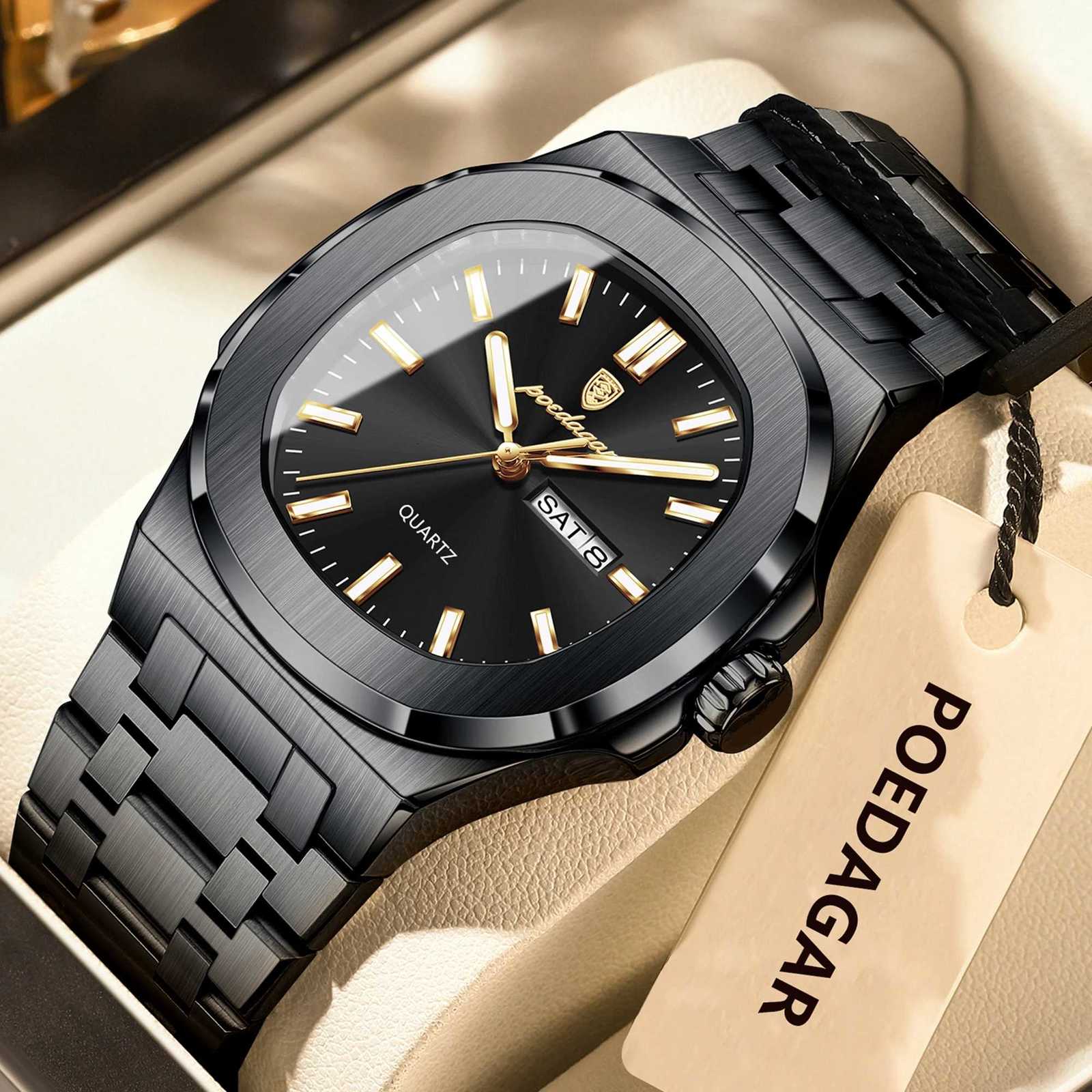 POEDAGAR Luxury Square Mens es Waterproof Luminous Date Week Men Stainl Steel Fashion Quartz Man Wrist Reloj M251222