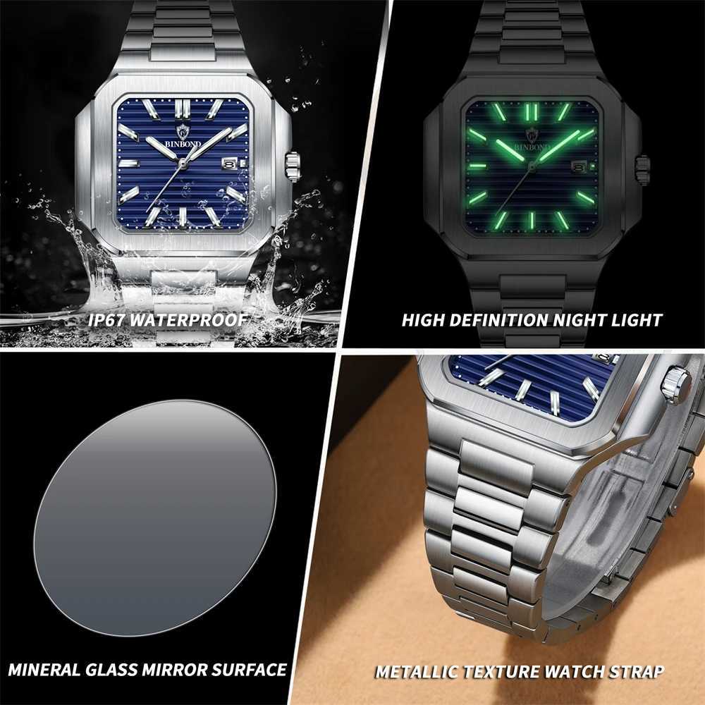 BINBOND Fashion Luxury Man Wrist Waterproof Luminous Stainl Steel Mens Quartz Square Sport es for Men Reloj M251222