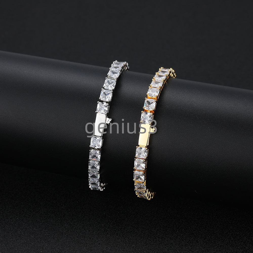 Fine Jewelry Hip Hop Style Womens 5mm 18K Gold Plated Brass Shiny Square moissanite Tennis Chain Necklace Gifts