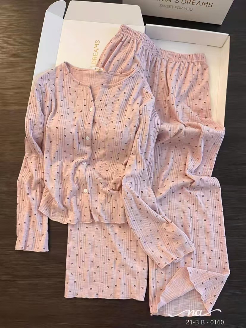 Sweet Girl Small Floral Cotton Gauze Pink Pajamas for Women Autumn New Casual Home Wear with Chest Pads Two-Piece Set Trendy 231113