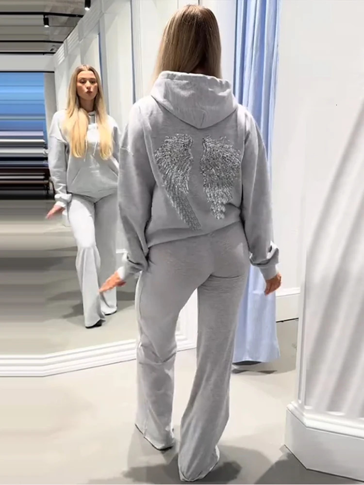 Fashion Loungewear Outfit High Steet Tracksuit Womens Grey Sequin Angel Wings Crop Hoodie Top and Sweatpants Set Fashion Casual 251216