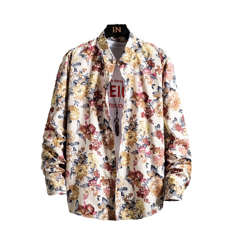 2023 Mens Long Sleeve Printed Shirt Spring Summer New Fashion Square Collar Shirt Youth Casual Floral Shirt Trendy